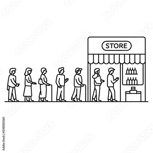 People queuing outside a store in line style black and white vector