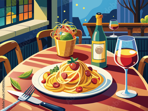 vector of Delicious spaghetti carbonara served with a glass of wine in a romantic restaurant...