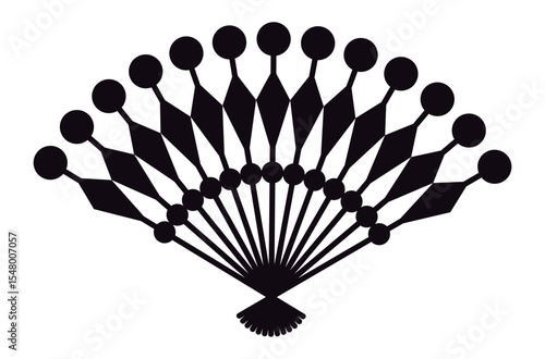 Black silhouette of a hand fan with dotted and rhombus decorations on a white background representing traditional culture, fashion accessories, and summer coolness
