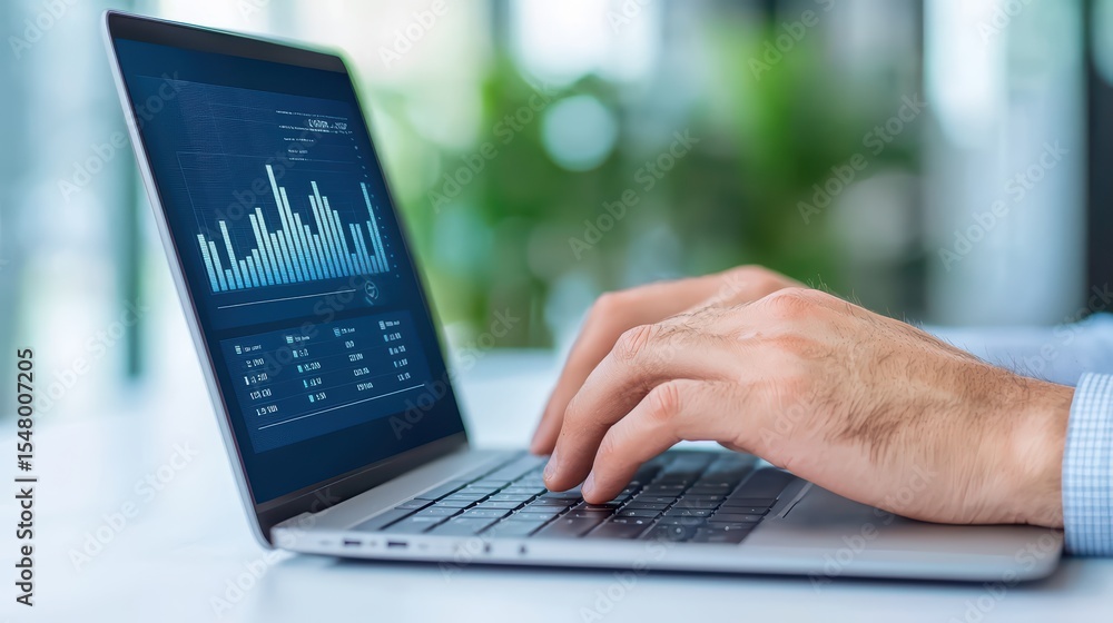 Professional hands typing on laptop with data analysis display and bar graphs in modern office environment Professional hands typing on laptop with data analysis display and bar graphs in modern office environment