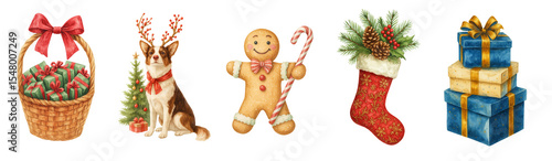 A set of Christmas watercolor illustrations: a basket of berries, a dog with reindeer antlers, a gingerbread man with a lollipop, a Christmas sock with decorations and a stack of presents.