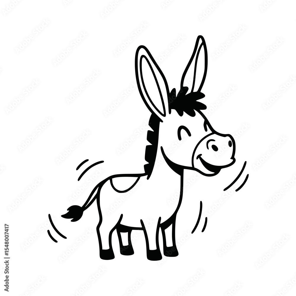 Funny cartoon donkey shaking its body joyfully with cheerful face in black line sketch. Vector Illustration Funny cartoon donkey shaking its body joyfully with cheerful face in black line sketch. Vector Illustration