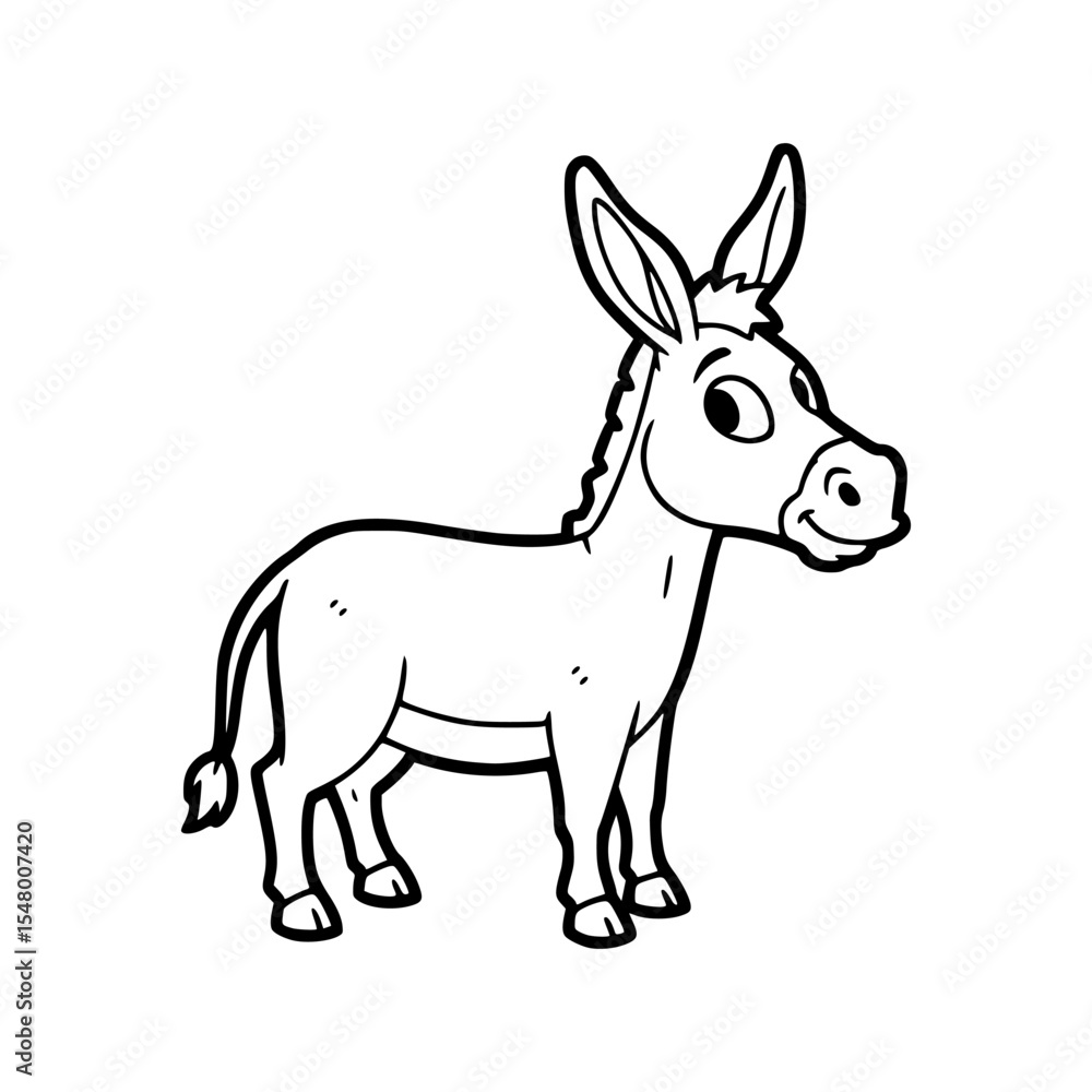 Fototapeta premium Cartoon donkey standing upright with curious expression, outlined in black and white sketch. Vector Illustration
