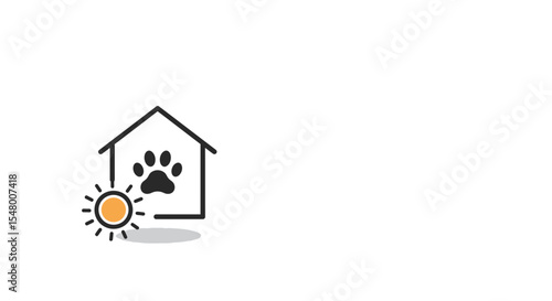 Illustration of a house with pet paw print and sun, concept of pets in summer  