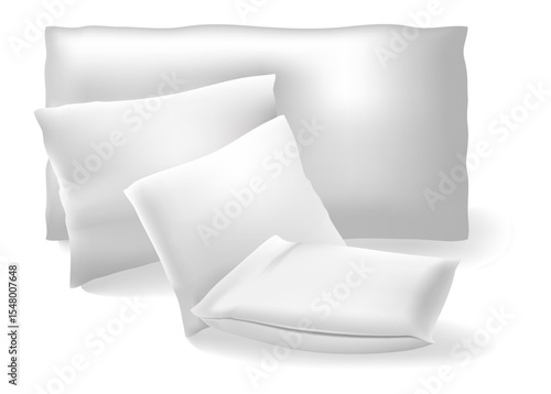 Four blank white pillows of varying sizes leaning against each other on a pristine white background, embodying comfort, rest, and relaxation for any cozy space or bedroom setting