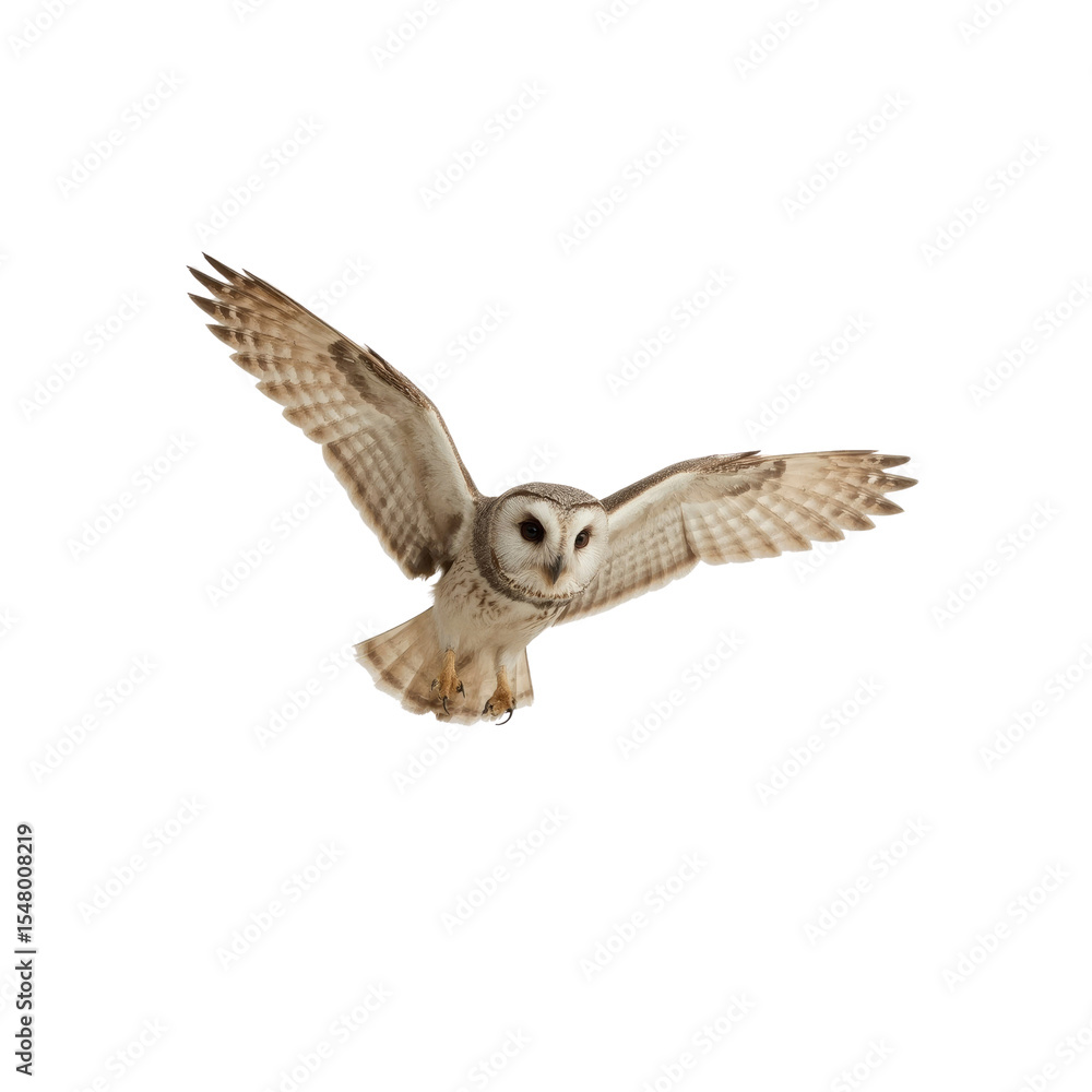 Obraz premium Majestic Southern White-faced Owl in Flight against Transparent Background