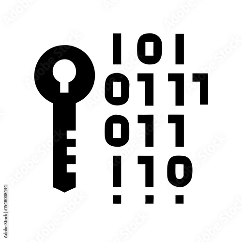 A stylized image of a key with binary code