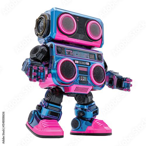 A retro-style robot boombox with vibrant pink and blue accents. The robot is designed with speakers and cassette deck elements.