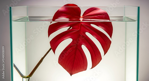 Heart-shaped red leaf with deep splits, submerged in a glass tank filled with clear water. The tank has reflective surfaces, showcasing both the top and underwater view