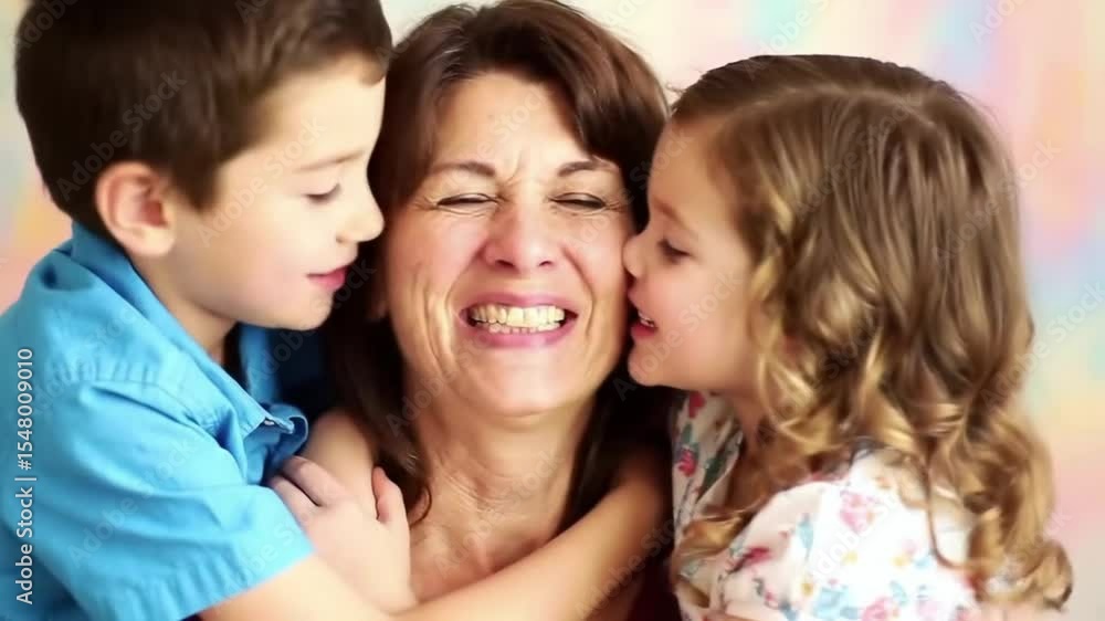 Loving mother hugging her son and daughter while they smile and kiss her on the cheek celebrating mother day - Lifestyles Loving mother hugging her son and daughter while they smile and kiss her on the cheek celebrating mother day - Lifestyles