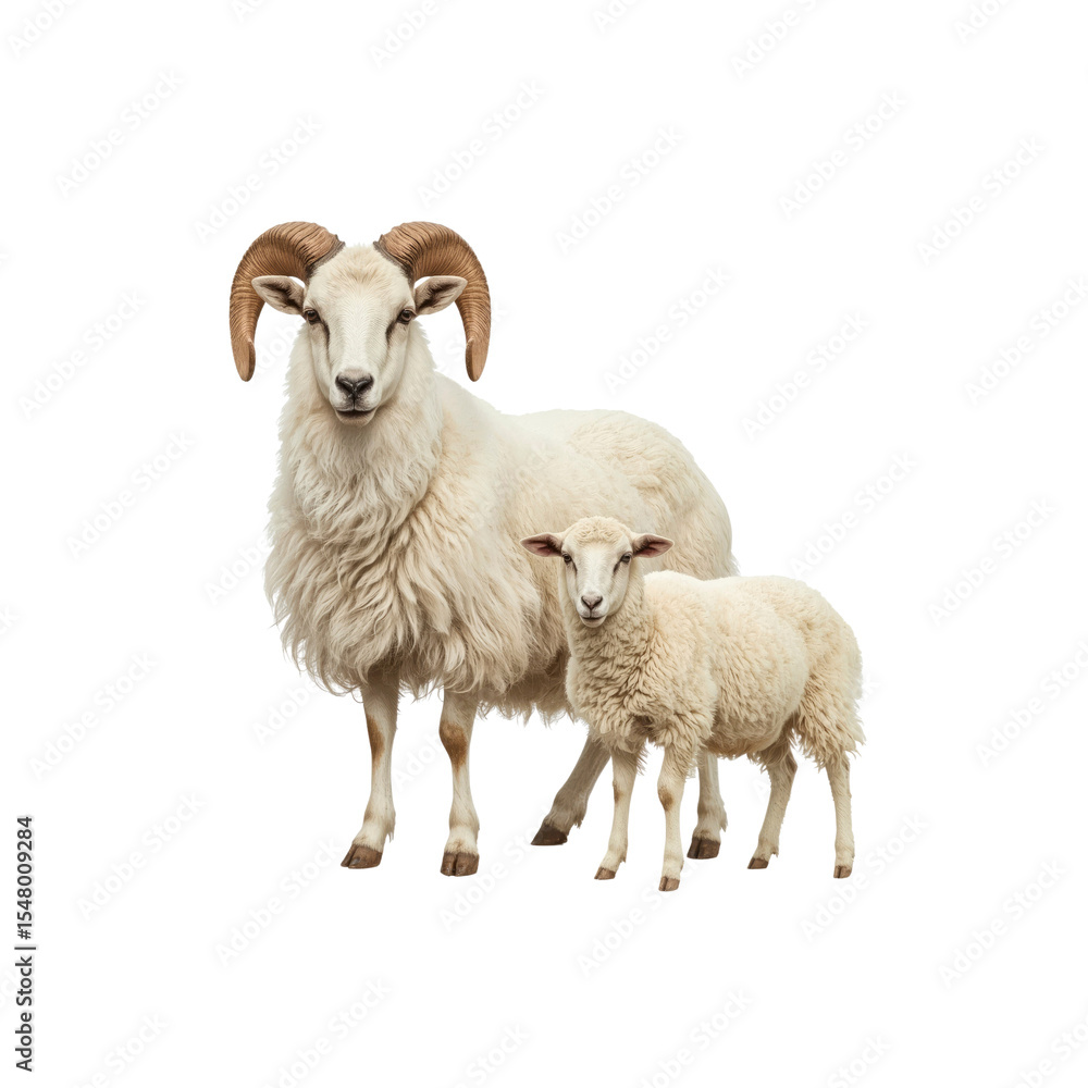 Obraz premium Adult Ram and Lamb, Fluffy White Sheep Duo, Isolated on Transparent Background