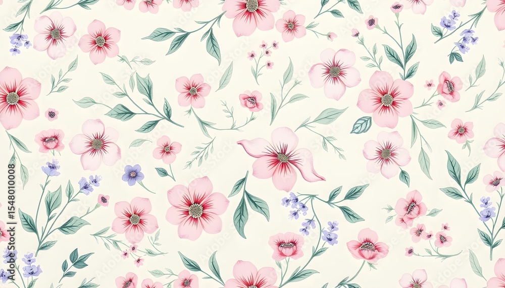 Fototapeta Delicate floral pattern showcasing pink blossoms and green foliage against a light background.