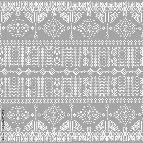 Traditional Geometric Textile Pattern with Ethnic Motifs, Folk Art Borders, and Symmetrical Ornamental Stitch Designs