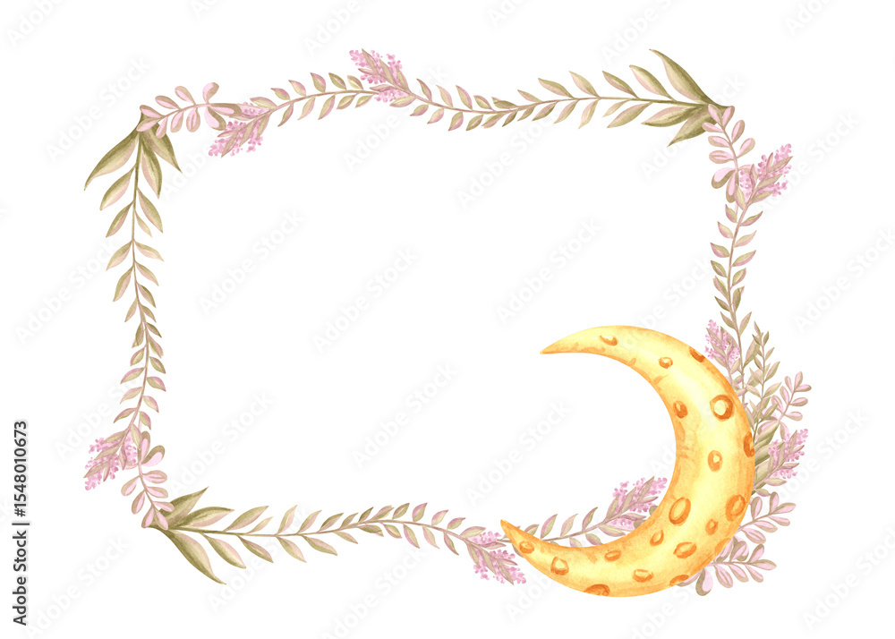 Fototapeta premium Crescent moon with wild flowers twigs watercolor illustration. Spring horizontal frame with moon phase. Template postcard with copy space. Purple blossom plant of spring. Botanical floral background.