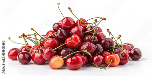 Pile of ripe red cherries with stems on white background