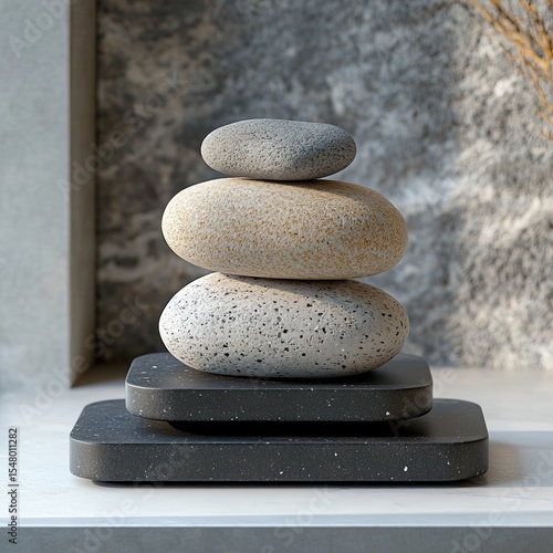 Image of Pebbles Balancing on Black Plank