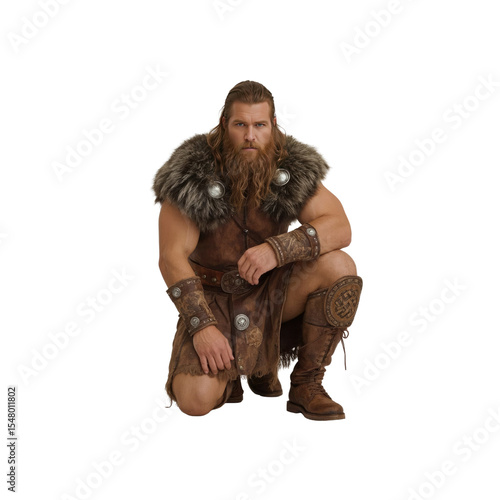 Powerful Viking Warrior in Traditional Costume Kneeling