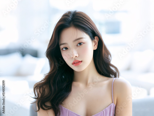 Elegant Asian model. Wearing pink strapless dress, model smiling, simple background with light and shadow, for beauty salon, skincare, poster modeling Free Download Elegant Asian model. Wearing pink strapless dress, model smiling, simple background with light and shadow, for beauty salon, skincare, poster modeling - GFXLoad