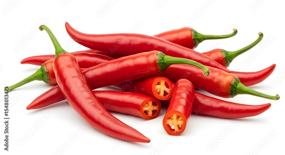 Fresh, red chili peppers, a vibrant depiction of flavor and spice, isolated against a clean backdrop. One pepper is sliced, revealing the spicy seeds inside Fresh, red chili peppers, a vibrant depiction of flavor and spice, isolated against a clean backdrop. One pepper is sliced, revealing the spicy seeds inside