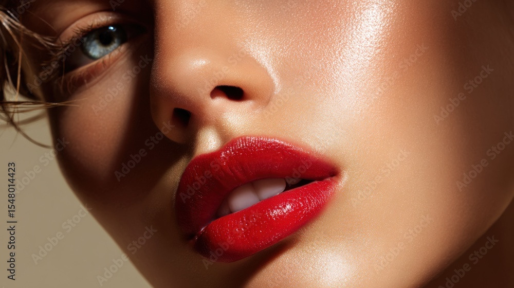 Close-up of a woman's face showcasing makeup, red lips, flawless skin, eye detail, beauty, glamour, and skincare with neutral background Close-up of a woman's face showcasing makeup, red lips, flawless skin, eye detail, beauty, glamour, and skincare with neutral background