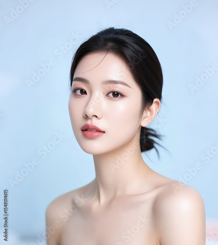 Beauty agency poster model with delicate hairstyle, Asian beauty with fair skin and delicate features with a smile on her face. For beauty salon, skincare, plastic surgery organization
