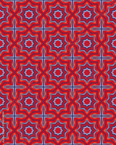 Bold star and cross shapes create a mesmerizing seamless pattern in rich red and blue colors, ideal for various design projects and textiles