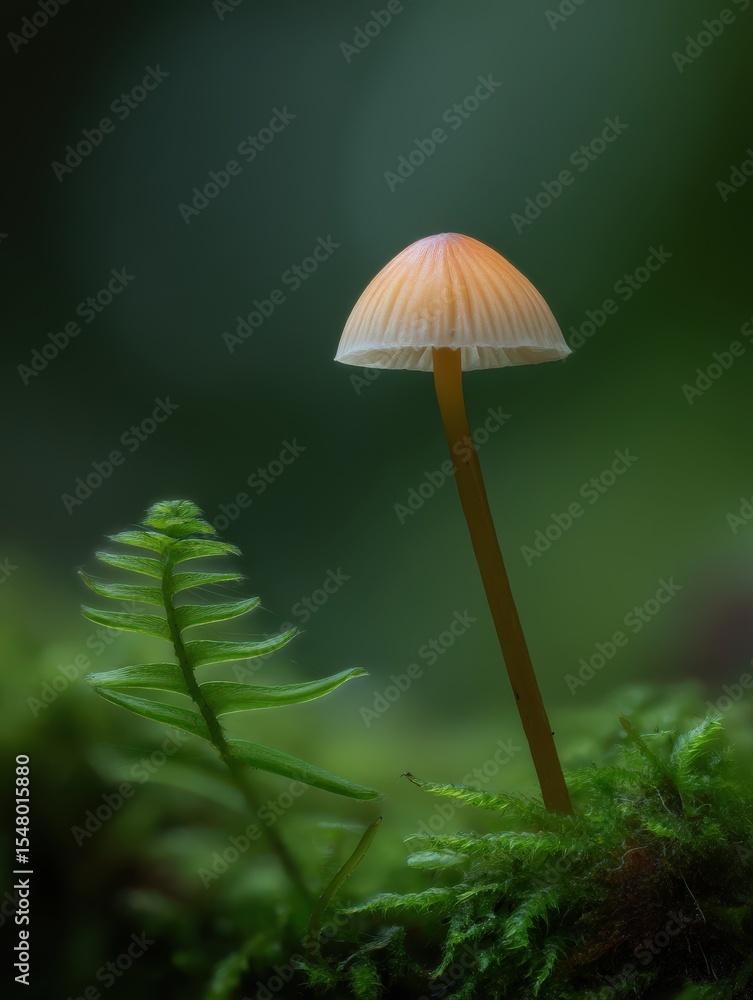 Fototapeta premium Delicate Mushroom Growing Among Green Ferns in Tranquil Forest Environment with Soft Natural Light