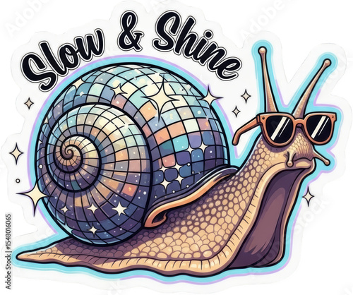 Snail with Disco Ball Shell and Sunglasses Slow Shine text sticker isolate