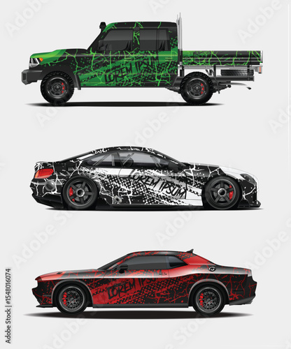 Three Unique Car Wrap Designs Truck Sports Car and Muscle Car