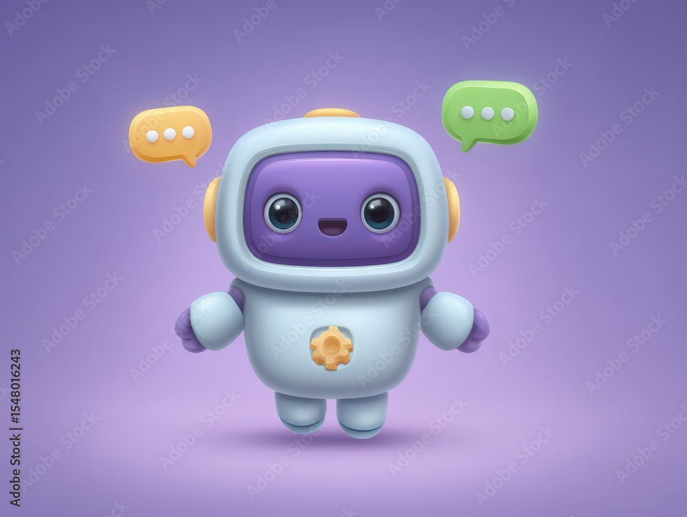 Colorful cute robot character expressing joy and communication in a playful digital space with vibrant chat bubbles and a cheerful demeanor showcasing friendly technology and creativity Colorful cute robot character expressing joy and communication in a playful digital space with vibrant chat bubbles and a cheerful demeanor showcasing friendly technology and creativity