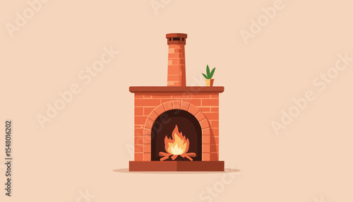Cozy brick fireplace with flames and potted plant on mantel  
