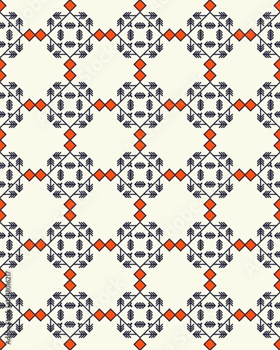 The design showcases intricate geometric shapes interwoven with floral and leaf motifs, creating a vibrant and cohesive seamless pattern