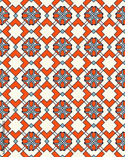 Colorful geometric design featuring orange and blue floral elements arranged in a repetitive pattern on a cream backdrop
