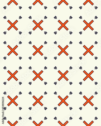 This seamless pattern showcases a dynamic arrangement of red crosses and blue hands set against a light cream background, perfect for textiles