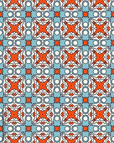 Colorful geometric shapes create a seamless pattern with orange stars and blue circles suitable for textiles and home decor