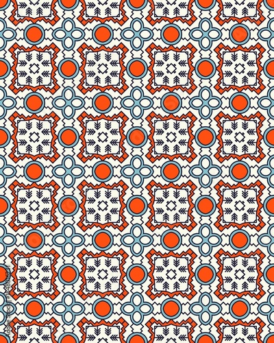 Colorful, intricate design showcases a seamless pattern with geometric shapes and vivid hues, ideal for textiles, wallpapers, and crafts