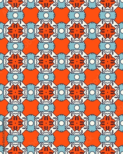 Intricate geometric shapes in bright orange, light blue, and white form a seamless pattern perfect for creative applications in design