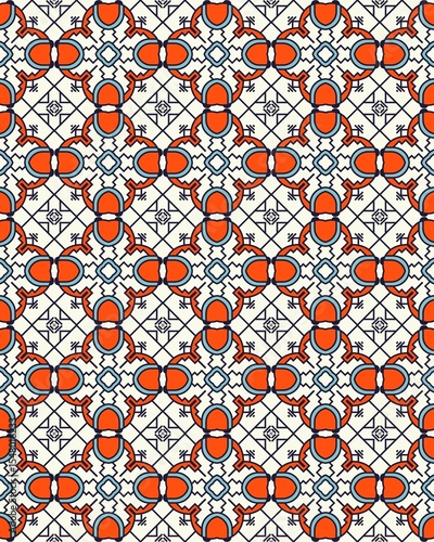 This seamless pattern features vibrant orange and blue shapes arranged in a geometric design on a white background, ideal for fabric or decor