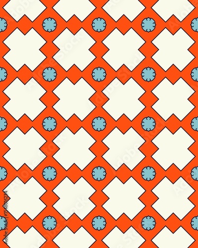 This seamless pattern showcases a vibrant design of blue flowers and diamond shapes in orange, creating a striking visual effect