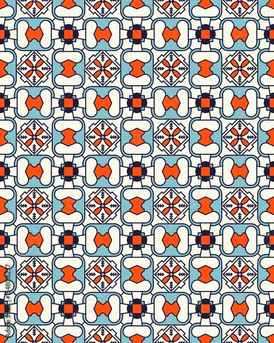 This seamless pattern features an array of geometric shapes in vibrant colors, creating an appealing visual texture for design use
