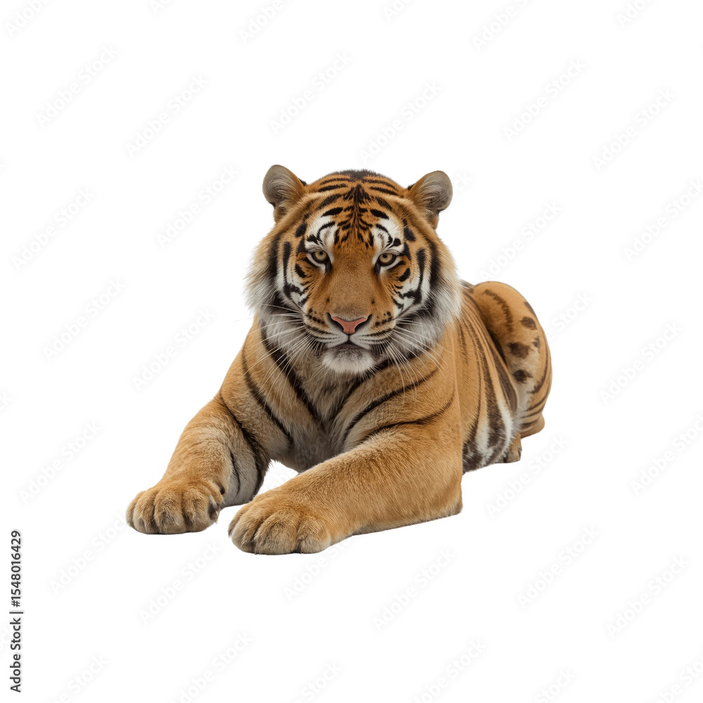 Fototapeta premium Majestic Bengal Tiger Lying Down, Intense Gaze, Isolated on Transparent Background