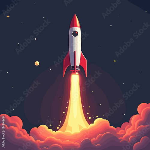 Vintage rocket launching through clouds in outer space  