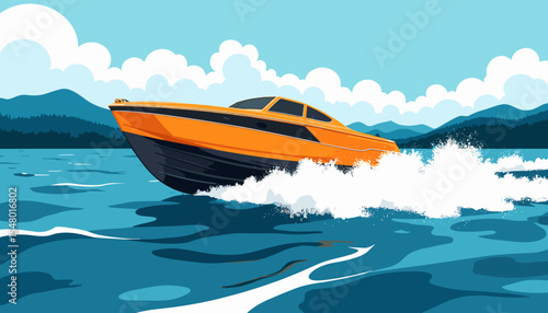 Speedboat cutting through waves on a sunny day in the ocean  