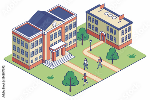Isometric university campus illustration buildings students and lecture hall