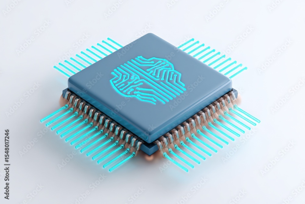 Close-up of a modern microprocessor chip with a digital fingerprint icon on surface illuminated by blue light on white background Close-up of a modern microprocessor chip with a digital fingerprint icon on surface illuminated by blue light on white background