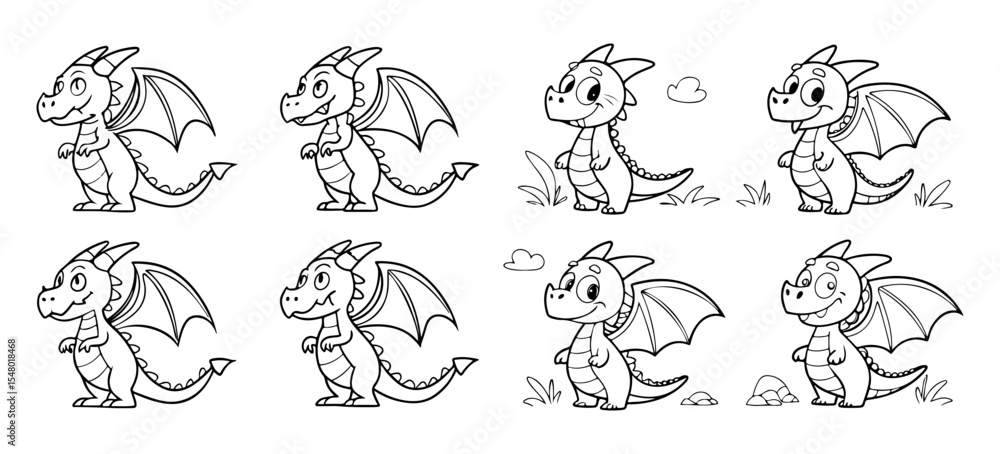 Line Art of Cute Cartoon Dragons in Various Poses for Coloring or Design Projects This Line Art of Cute Cartoon Dragons in Various Poses for Coloring or Design Projects This