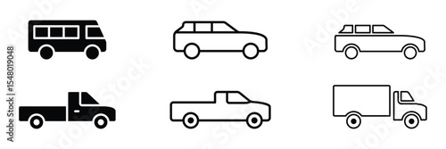 Car icon set. Solid black and outlined icons representing delivery vans, trucks, and pickups.