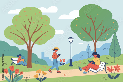 Flat urban park scene with people and trees