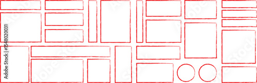 Red outline website wireframe layout with rectangles and circles on white background