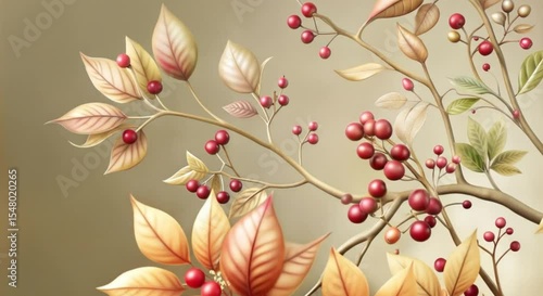 Artistic depiction of autumn leaves and berries, warm color palette, nature-inspired design